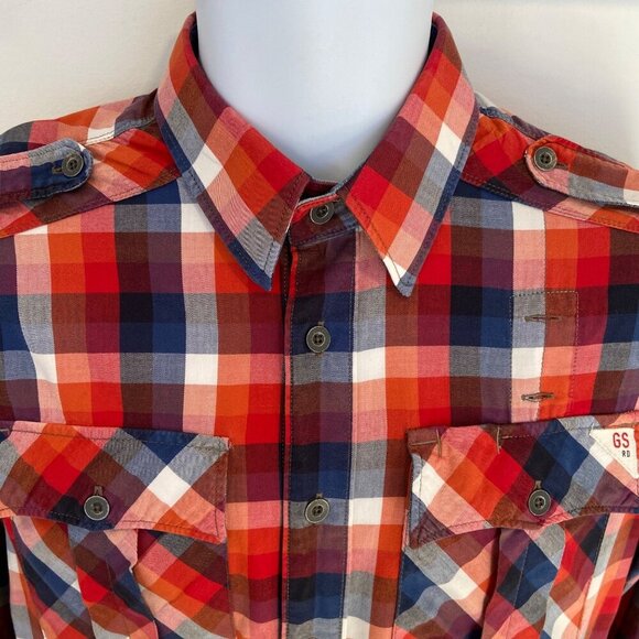 G-Star Raw Men’s Red Blue Plaid Button-Up Shirt Epaulets Size M Streetwear - Picture 4 of 16